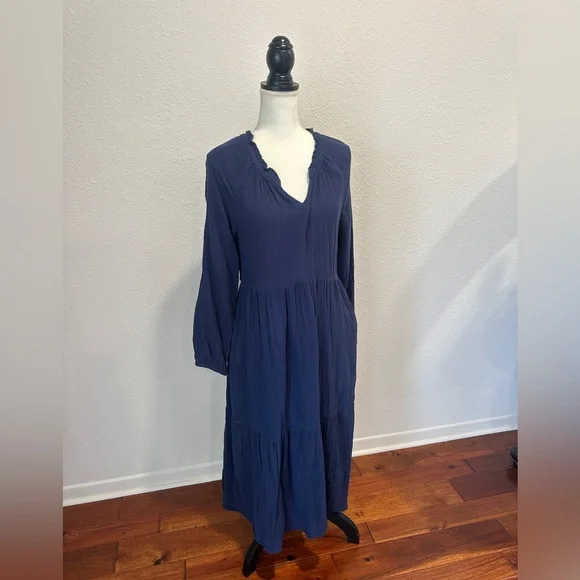 Women's Navy Long Sleeve Midi Dress - Picture 1 of 7